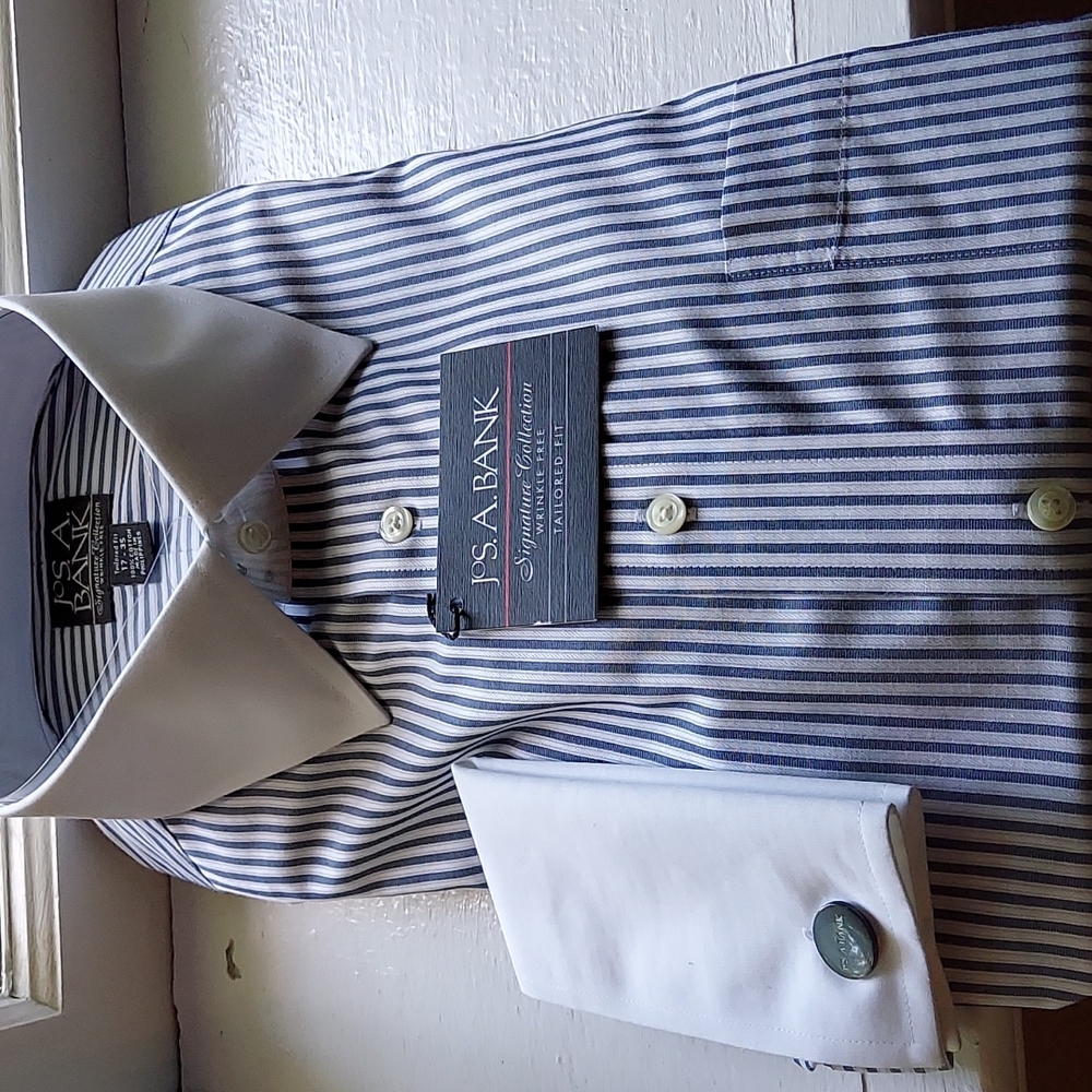 NWT JOS A. BANK CLASSIC NAVY PINSTRIPE MEN'S FRENCH CUFF DRESS SHIRT